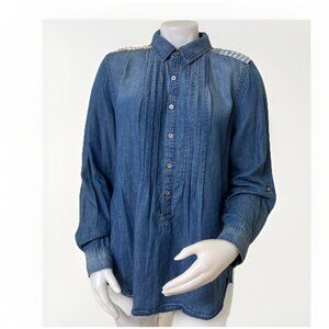 Boho Denim Patchwork Shirt Womens L Distressed Blue Applique Long Sleeve Western